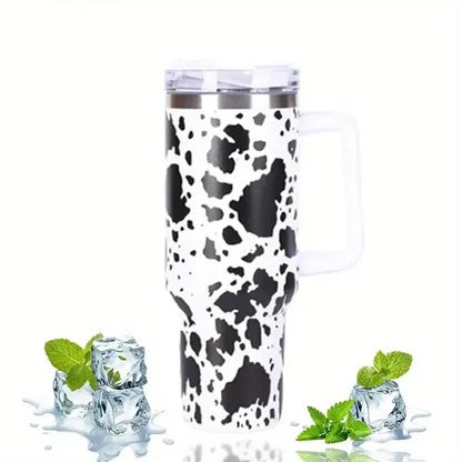 40oz White Cow Print Insulated Camping Tumbler