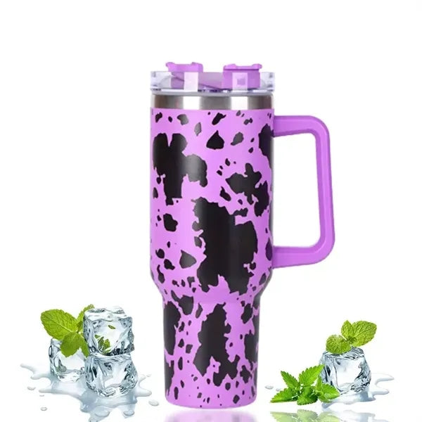 40oz White Cow Print Insulated Camping Tumbler