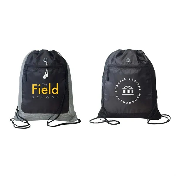 420D Polyester Drawstring Gym Backpack w/ Zipper Pocket