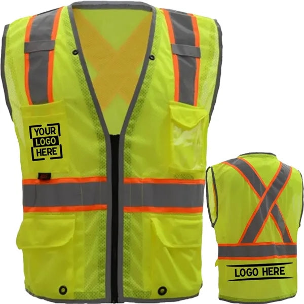 High Viz Reflective Piping-X Back Safety Mesh Zipper Vest