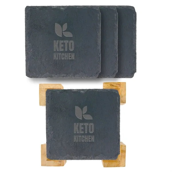 Square Slate Coaster In Bamboo Stand - 4 Pc.