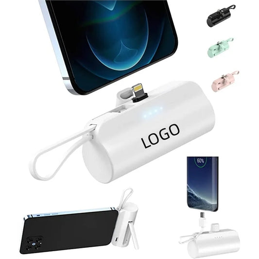 5000 mAh Mini Power Bank with Built-in USB C Cable and Phone