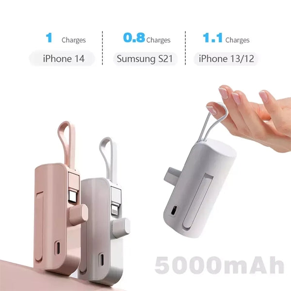 5000 mAh Mini Power Bank with Built-in USB C Cable and Phone