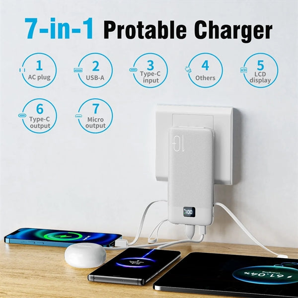 10000mAh Portable Charger with Built-in Cables & AC Wall Plu