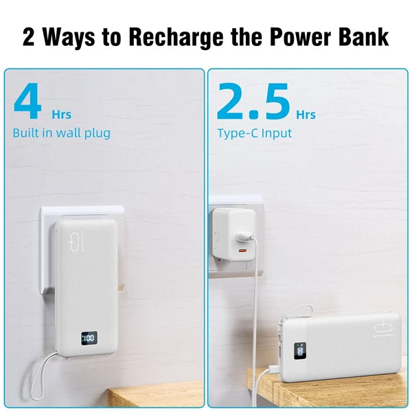 10000mAh Portable Charger with Built-in Cables & AC Wall Plu