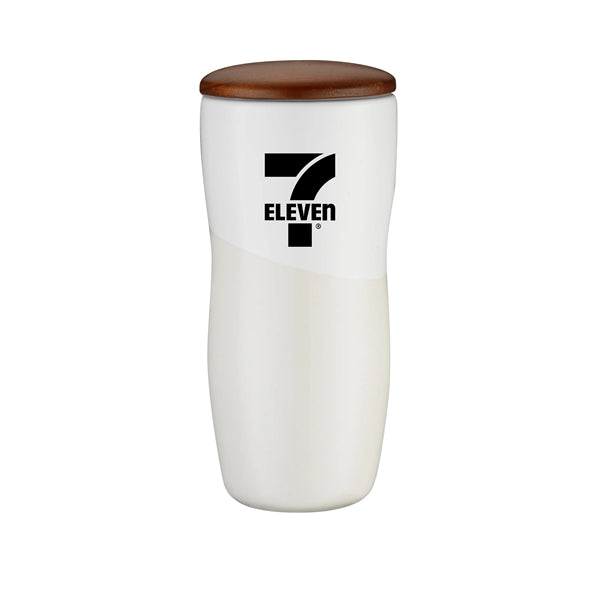 12 oz. Double Wall Ceramic tumbler w/ Wood Lid