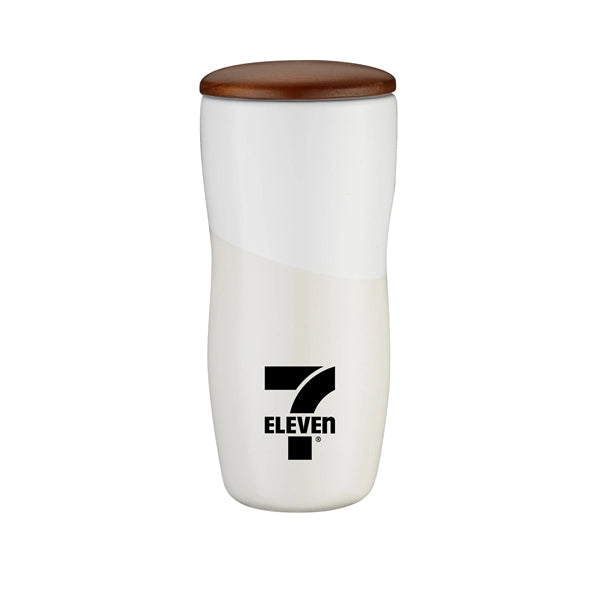 12 oz. Double Wall Ceramic tumbler w/ Wood Lid