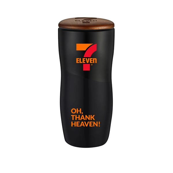 12 oz. Double Wall Ceramic tumbler w/ Wood Lid