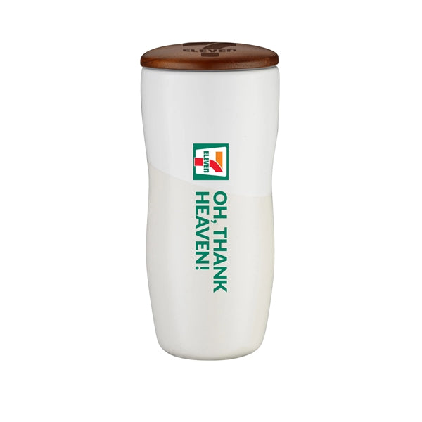 12 oz. Double Wall Ceramic tumbler w/ Wood Lid