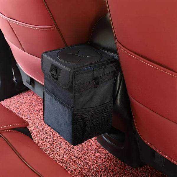 Car Trash Can with Lid and Storage Pockets