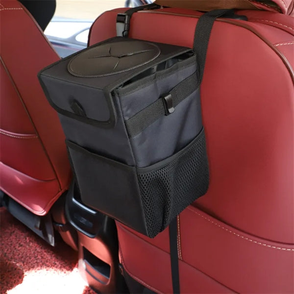 Car Trash Can with Lid and Storage Pockets