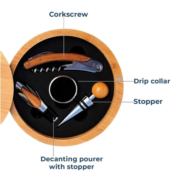 4 Piece Round Wooden Wine Tool Set