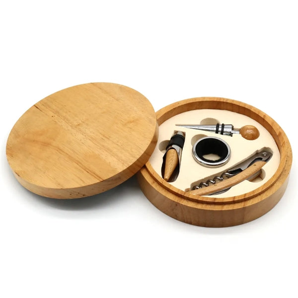 4 Piece Round Wooden Wine Tool Set
