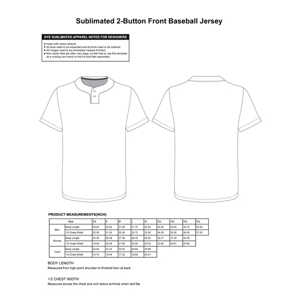 CUSTOM 2-BUTTON FRONT BASEBALL JERSEY (FULL DYE SUBLIMATED)