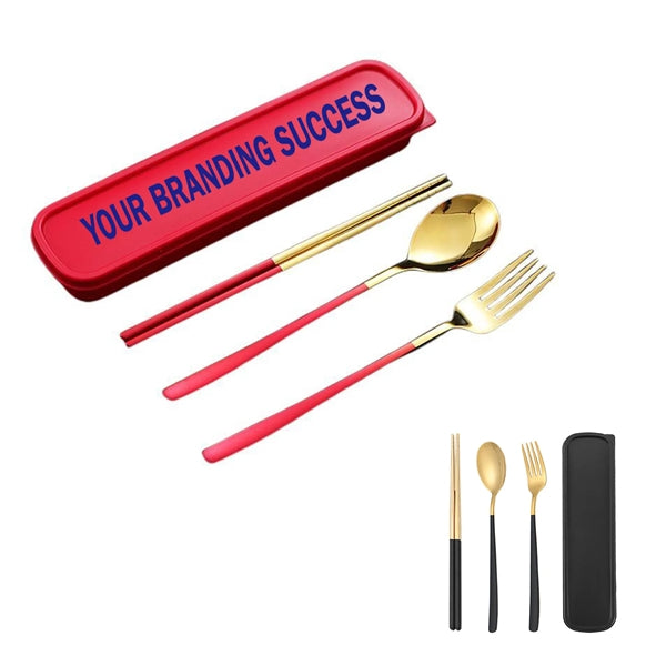 Portable Tableware Travel Boxed Golden Three-piece Set