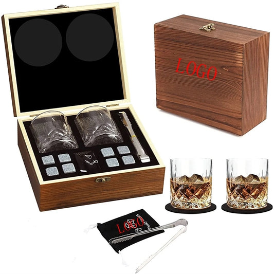 Wine Stones Ice Cube Glasses Tongs Coaster Gift Wood Box