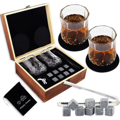 Wine Stones Ice Cube Glasses Tongs Coaster Gift Wood Box