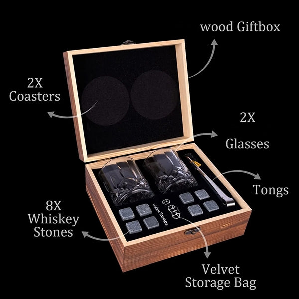 Wine Stones Ice Cube Glasses Tongs Coaster Gift Wood Box