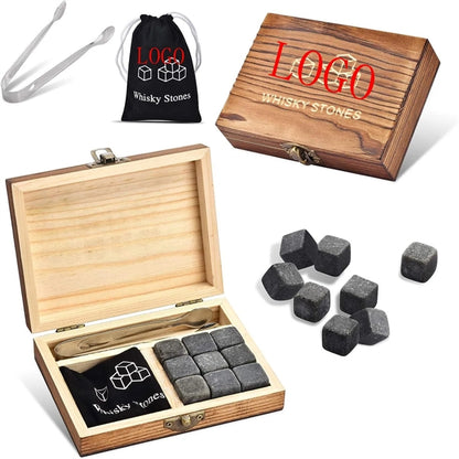 Wine Stones Chilling Ice Cubes 9PCS Set Tongs Wood Box