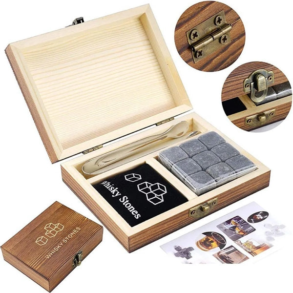 Wine Stones Chilling Ice Cubes 9PCS Set Tongs Wood Box