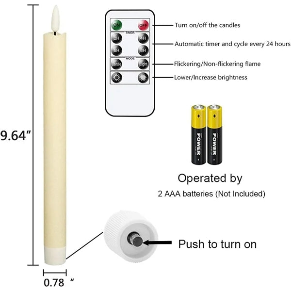 Flameless Ivory Taper Candles Flickering with 10-Key Remote