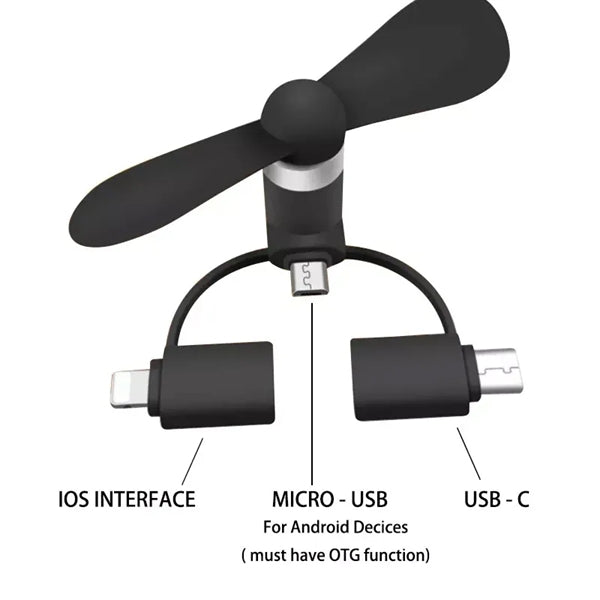 Mini Travel Portable Fan With 3 In 1 Connector