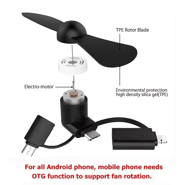 Mini Travel Portable Fan With 3 In 1 Connector