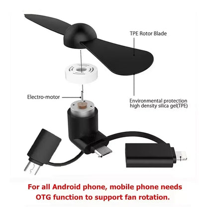 Mini Travel Portable Fan With 3 In 1 Connector