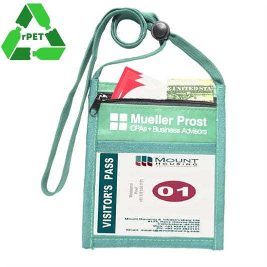 rPET Neck wallet Event Pouch w/ Front Zipper & 3/8" Lanyard