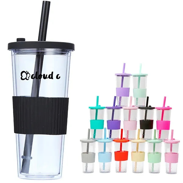 24Oz Plastic Tumbler With Straw And Lid