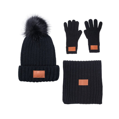 Leeman Three-Piece Rib Knit Fur Pom Winter Set