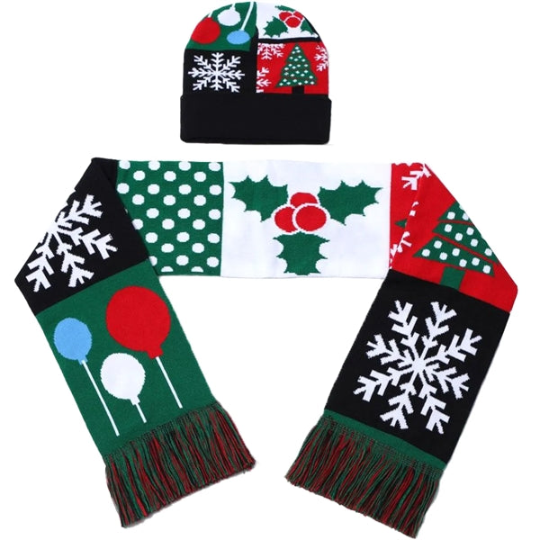 Set Of Knitted Cuffed Beanie & Woven Scarf W/ Tassel