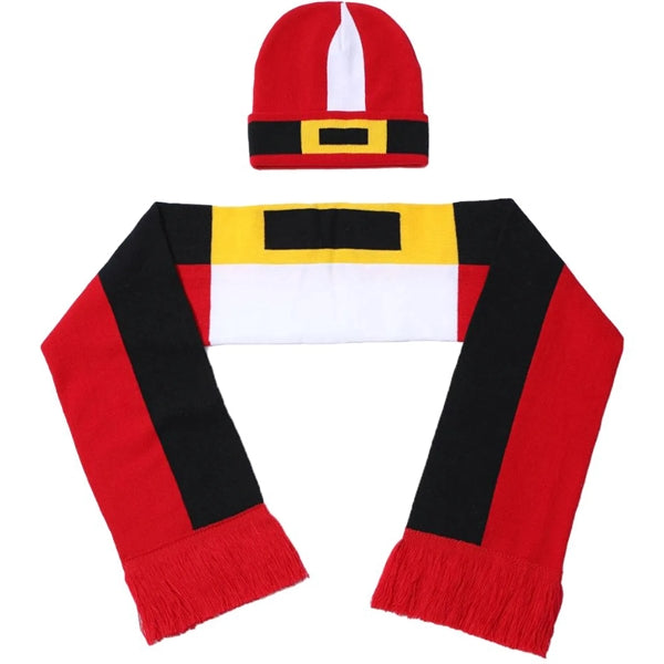 Set Of Knitted Cuffed Beanie & Woven Scarf W/ Tassel