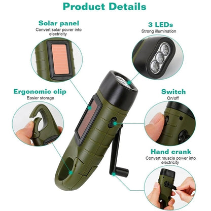 LED Hand Crank Solar Powered Flashlight