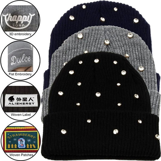 Cuffed knitted beanie with Luxury stone