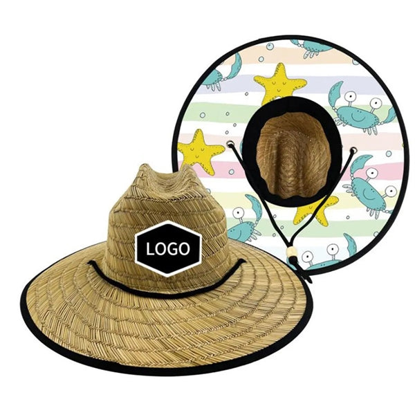 Summer Wide Brim Straw Woven Fisherman Hat With Patch