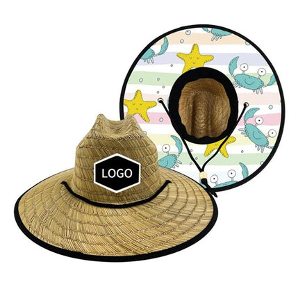 Summer Wide Brim Straw Woven Fisherman Hat With Patch