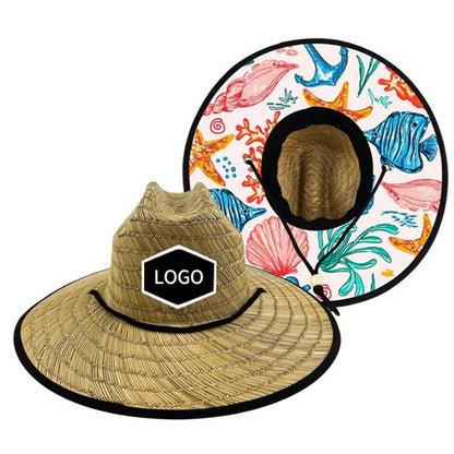Summer Wide Brim Straw Woven Fisherman Hat With Patch