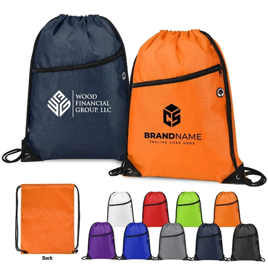 Heavy Duty Drawstring Backpack With Front Zipper 420D