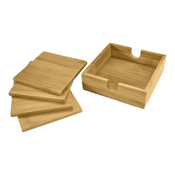 Set of 4 Bamboo Wood Coasters with Holder