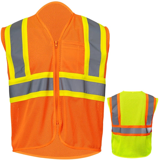Class 2 Hi-Viz Reflective Tape Safety Zip Vest w/ Pocket