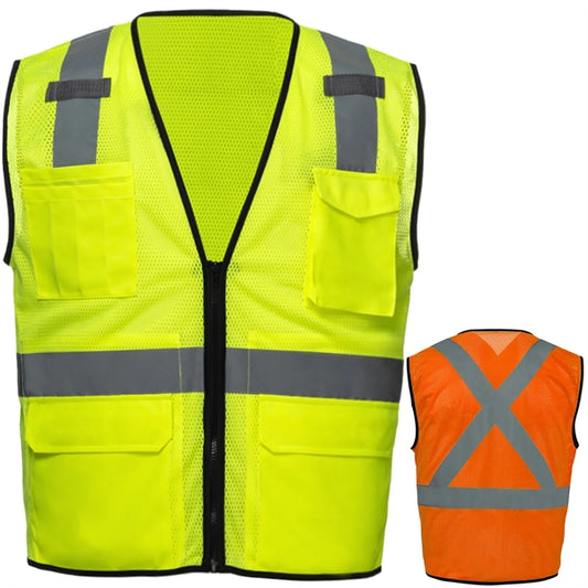 Hi Viz Class 2 Safety Zipper Vest Reflective X Back 4 Pocket