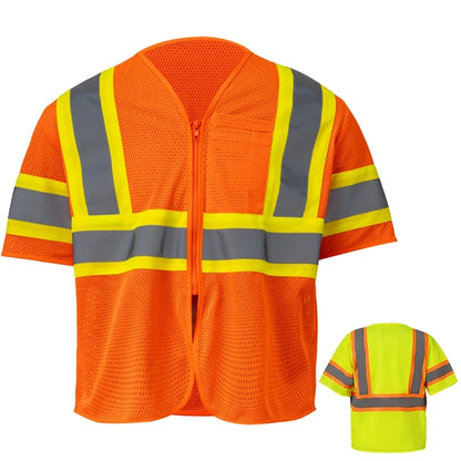 Hi Viz Class 3 Reflective Tape Mesh Safety Zip Pocket Vest