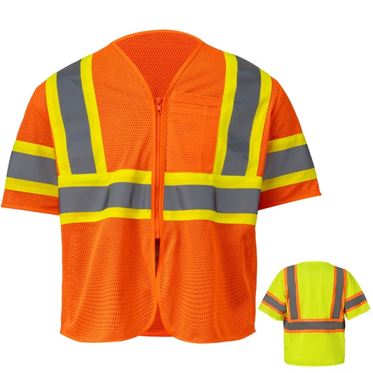 Hi Viz Class 3 Reflective Tape Mesh Safety Zip Pocket Vest