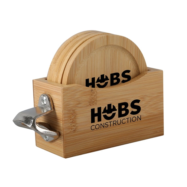 Bamboo Coaster Set With Bottle Opener