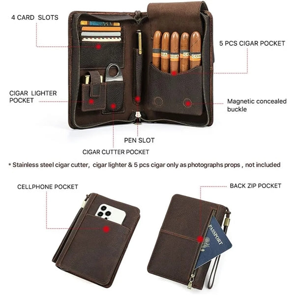 5-cigar Portable Genuine Leather Cigar Case