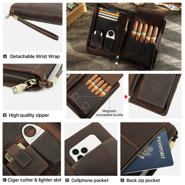 5-cigar Portable Genuine Leather Cigar Case