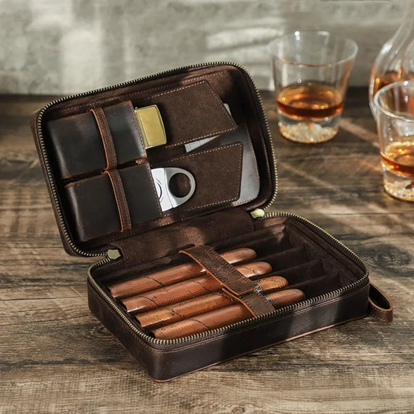 4-cigar Vintage Genuine Leather Cigar Case