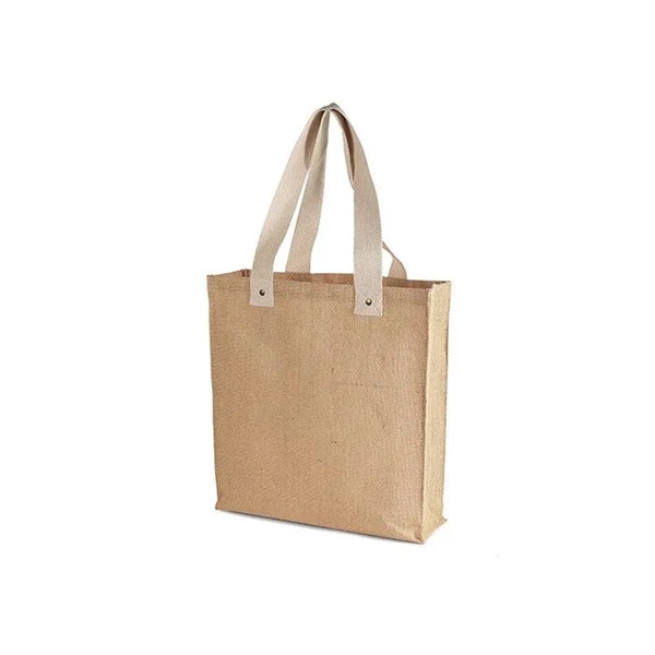 Jute shopping bag with rivets and cotton webbed handles