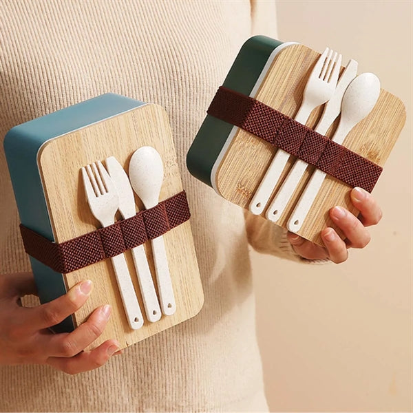 Bamboo Suqare Rectangle Bento Box Lunch Set with Utensils